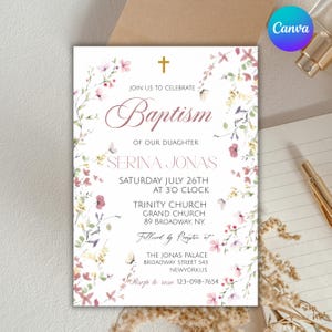 Girls Baptism Invitation Template, Wildflower Baptism Invitation, Wildflower Baptism Invite, Printable Floral Baptism Invite, Canva Editable
