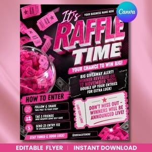 Op de afbeelding: Een digitale loterijflyer met de tekst It's RAFFLE TIME, YOUR CHANCE TO WIN BIG en BIG GIVEAWAY ALERT! WINNER REVEALED ON 12 NOVEMBER 2025. Het ontwerp bevat een glazen kom gevuld met roze loten op een zwarte achtergrond.