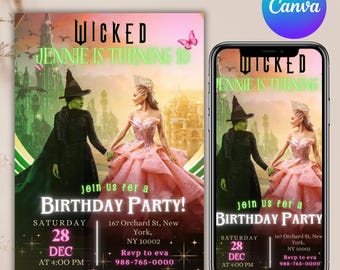 Wicked Birthday Party Invitation, Wicked party invitation, WICKED inspired Movie ticket, Elphaba & Glinda Theme, Movie party, Canva Editable