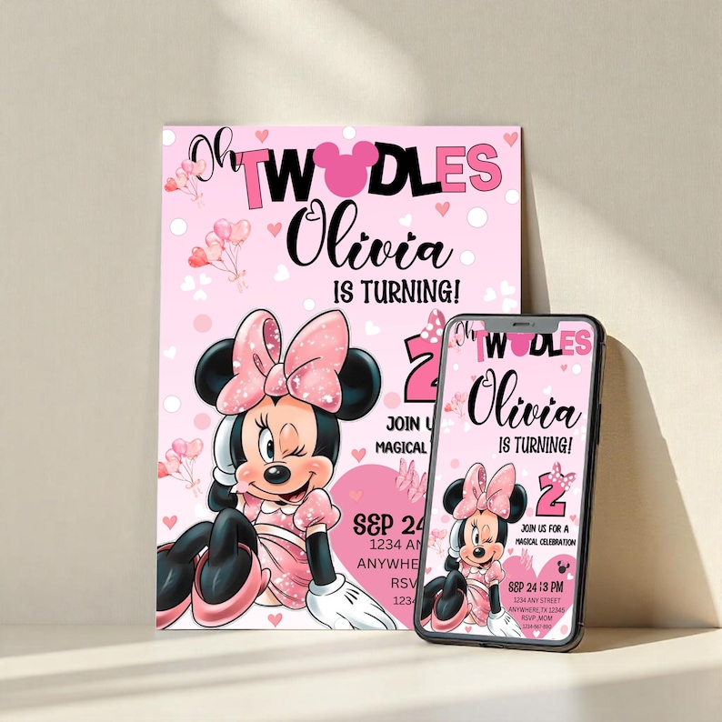 Editable Oh TWOdles Birthday Invitation Digital 2nd Birthday Cute Mouse Second Birthday Invite Oh Twodles Invitiation, Canva Editable