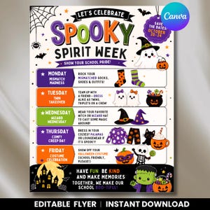 Editable Halloween Spirit Week Flyer, PTO PTA Fall Elementary Dress Up Day, Editable Halloween Themed Spirit Week,   Canva Editable