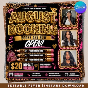 May include: A digital flyer for August booking featuring leopard print text, three pencil graphics with service slots, and three photo frames showing individuals with long dark hair. Includes text: AUGUST BOOKING, BOOKS ARE NOW OPEN, $20 DEPOSIT REQUIRED.