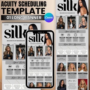 May include: A digital Acuity scheduling template for a hair studio named Silk, featuring a long banner design. The layout includes placeholders for photos of individuals with various hairstyles, booking information, location, and policy sections.