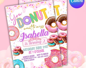 Editable Donut Birthday Invitation, Donut Birthday Invite, Donut Party Invitation, Sweet Celebration, birthday invitation, Canva Editable