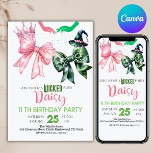 Bearbeitbar Wicked Geburtstagseinladung, Wicked Party einladen, WICKED inspirierte Kinokarte, Elphaba & Glinda Thema, Filmparty, Canva Editierbar
