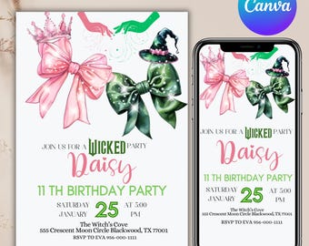 Editable Wicked Birthday Invitation, Wicked party invite, WICKED inspired Movie ticket, Elphaba & Glinda Theme, Movie party, Canva Editable