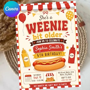 May include: A birthday invitation card featuring a red and white striped border, a hot dog illustration, and mustard and ketchup bottles. The text reads: She's a WEENIE bit older, JOIN US TO CELEBRATE Sophia Smith's 5TH BIRTHDAY, Saturday Sept 12, 2:00-5:00 PM.