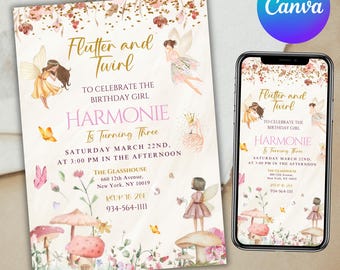 Editable Fairy Birthday Invitation Template Enchanted Whimsical Garden Forest Girl Invite Floral Magical Princess Party, Canva Editable
