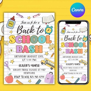 Back To School Bash Party Invitation, Back to School Bash Invite, End of Summer Party, Editable School Event Invite, Canva Editable