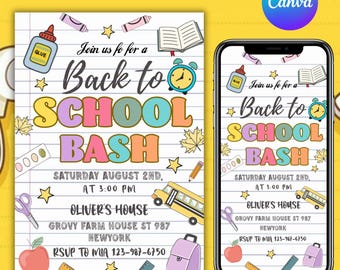 Convite para Festa de Volta às Aulas, Convite para Festa de Fim de Verão, Convite Editável para Evento Escolar, Editável no Canva
