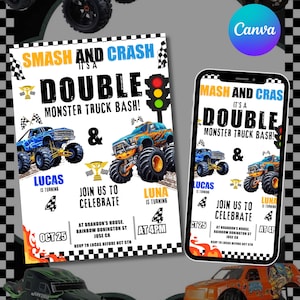 May include: A flyer and a phone screen displaying a monster truck party invitation. The text says "Smash and Crash, It's a Double Monster Truck Bash!" with monster truck illustrations, trophies, and a traffic light. Details for Lucas and Luna's 4th birthday are included.