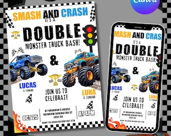 Monstertruck Doppel-Geburtstagseinladung, Boom Crash Ein Monstertruck-Bash, Geschwister-Party einladen, Gemeinsame Geburtstagseinladung, DIY In Canva