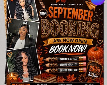 September Booking Flyer, September Books Open Flyer, Fall Booking Flyer, Wig Install Lash Nail Braids Flyer, Editable Canva Template