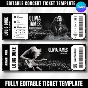Puede incluir: Una plantilla de entrada de concierto en blanco y negro con Olivia James en una gira por Norteamérica. El diseño incluye texto para Louis Duke, fecha, hora, lugar, sección, fila, asiento y un código de barras. La segunda entrada muestra a un músico.