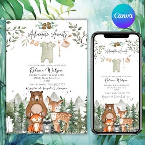 Woodland Baby Shower Invitation, Woodland Animals Baby Shower Invitation, Woodland Theme Invites, Woodland animal's invitation, EDITABLE Gender-Neutral Woodland animal's invitations, Template Set, Forest Mountain Baby Shower Invite, Forest Baby shower, Editable Let the Adventure Begin Woodland Baby Shower Invitation Bundle, Woodland Baby Shower Invite, Boy Adventure Baby Shower, Canva Editable