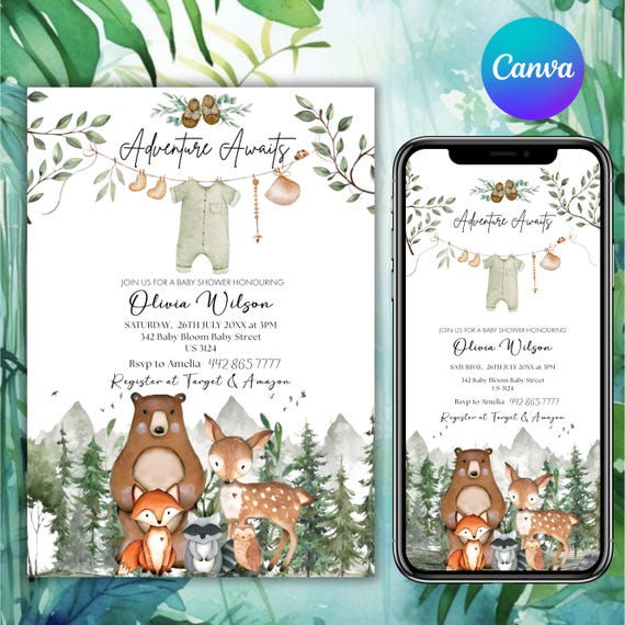 Woodland Baby Shower Invitation, Woodland Animals Baby Shower Invitation, Woodland Theme Invites, Woodland animals invitation,Canva Editable