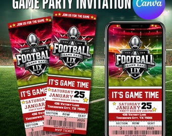 The Big Game Party Invitation 2025, Editable Invite, Digital Invite, Football Invitation, Party Invite, Football Ticket, Canva Editable
