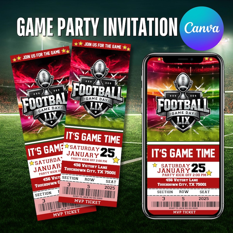 The Big Game Party Invitation 2025, Editable Invite, Digital Invite, Football Invitation, Party Invite, Football Ticket, Canva Editable