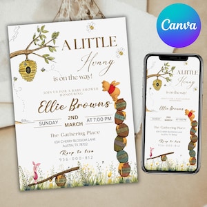 Editable Winnie-the-pooh ‘A Little Hunny is on the Way’ BABY SHOWER Classic Vintage Print and Digital Invite. Gender Neutral, Canva Editable