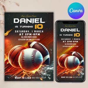 Sport-Geburtstagseinladung, Sporteinladung, Sport-Geburtstagsfeier, Sport-Thema-Flyer, All-Star-Sport, ALL STAR SPORTS einladen, Canva bearbeitbar