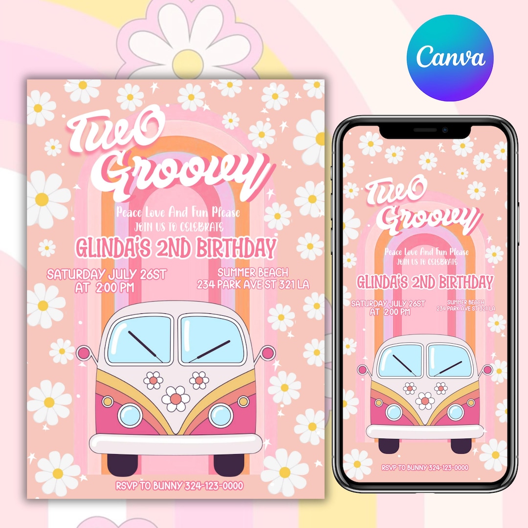 TWO Groovy Girl Pink Peach Van Daisy Rainbow, Groovy 2nd Birthday ...