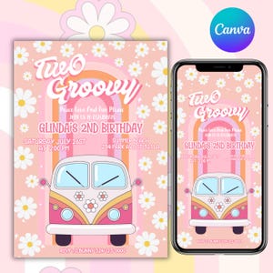 May include: A pink and white invitation with the text "Two Groovy" and a retro van illustration. The invitation includes details for Glinda's 2nd birthday, with a daisy pattern background and a matching phone screen display.