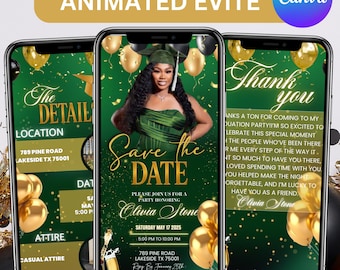 Save The Date Graduation Invite, Graduation 2025 Announcement, Green Graduate invitation Template, School Grad party evite, Canva Editable