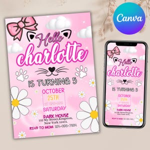 Cute Kitty Birthday Invitation, Kitty Birthday Invitation, Kitty Digital Birthday Invitation, Pink Kitty Birthday Theme, DIY In canva