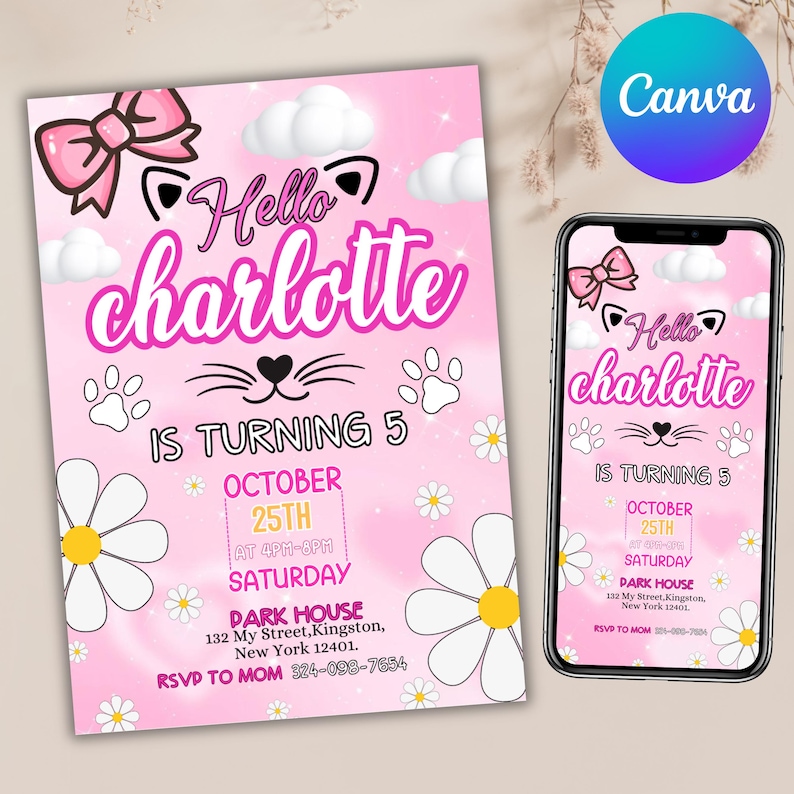 Cute Kitty Birthday Invitation, Kitty Birthday Invitation, Kitty Digital Birthday Invitation, Pink Kitty Birthday Theme, DIY In canva