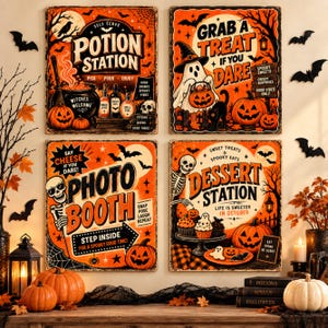 May include: Four rectangular Halloween signs with orange and black graphics. Top left: Potion Station with a cauldron. Top right: Grab a Treat If You Dare with a ghost. Bottom left: Photo Booth with a skeleton. Bottom right: Dessert Station with cupcakes.