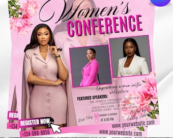 Puede incluir: Un folleto rosa de la Conferencia de Mujeres con el título en letras grandes. El folleto presenta imágenes de tres mujeres, acentos florales e información sobre los oradores. El texto incluye "Register Now" y una dirección web.