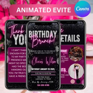 Digitale Geburtstags-Brunch-Party-Einladung, rosa Blumen-Telefonnachricht Evite für sie, animierte Einladung für jedes Alter, selbst Ecard, Canva bearbeitbar