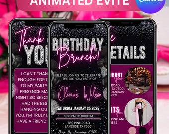Digital Birthday Brunch Party Invitation, Pink Floral Phone Message Evite For Her, Animated Invite For Any Age, Self Ecard, Canva Editable