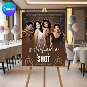 May include: A brown poster on an easel with the text "LET'S Inhale a SHOT" and the date "14 FEB SATURDAY 6:00PM". The poster features four women and decorative champagne glasses. Balloons and tables are in the background.