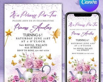 Tea Party Birthday Invitation, Par-tea Birthday Girl Invitation, Girl Pink Floral Invite, Princes Birthday Teacup Invitation, Canva Editable