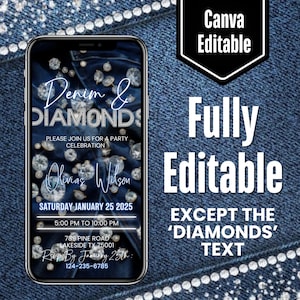 Digital Denim & Diamonds Invitation, Animated Birthday Dinner Party Invite, Cowgirl Denim Event Evite, Ecard, Canva Editable