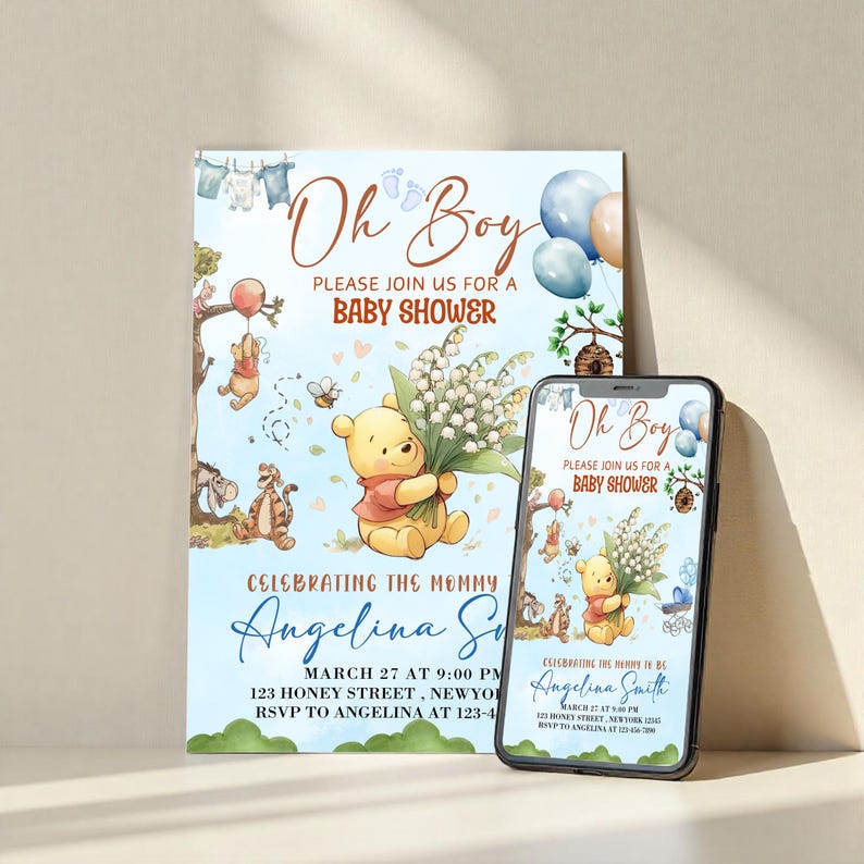 Editable Winnie the Pooh Baby Shower Invitation, Digital Invitation Oh Boy, Blue Winnie The Pooh Invitation, Canva Editable