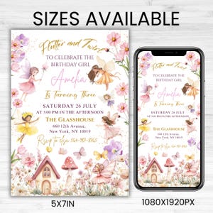 Editable Fairy Birthday Invitation Template Enchanted Whimsical Garden Forest Girl Invite Floral Magical Princess Party, Canva Editable