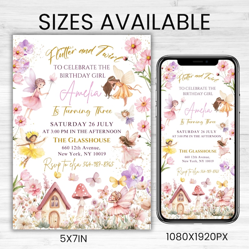 Editable Fairy Birthday Invitation Template Enchanted Whimsical Garden Forest Girl Invite Floral Magical Princess Party, Canva Editable