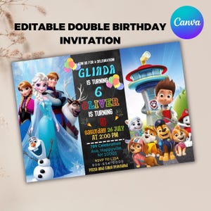 Sibling Birthday Invitation, Double Birthday Invitation, Dual Combined Twins Invitation, Boy and Girl Double Invite, Canva Editable