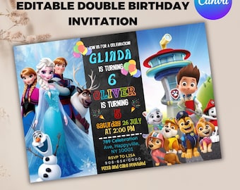 Invitación de cumpleaños para hermanos, invitación de cumpleaños doble, invitación para gemelos combinados, invitación doble para niño y niña, Canva editable