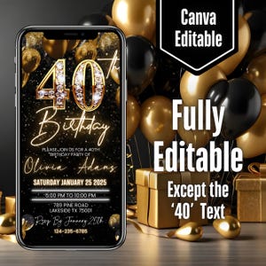 Digital 40th Birthday Party Video Invite, 40th Glam Invite Ecard, Animated Black Gold Silver Diamond Evite, Itinerary eCard, Canva Editable