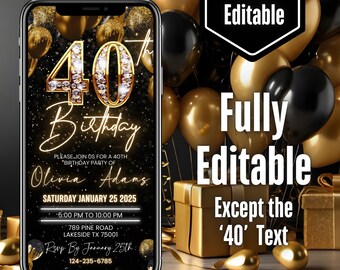 Digital 40th Birthday Party Video Invite, 40th Glam Invite Ecard, Animated Black Gold Silver Diamond Evite, Itinerary eCard, Canva Editable