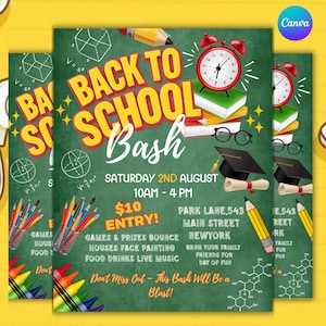 Back To School Bash Party Flyer, Back to School Bash Flyer, End of Summer Party, Editable School Event Flyer, Hello School, Canva Editable