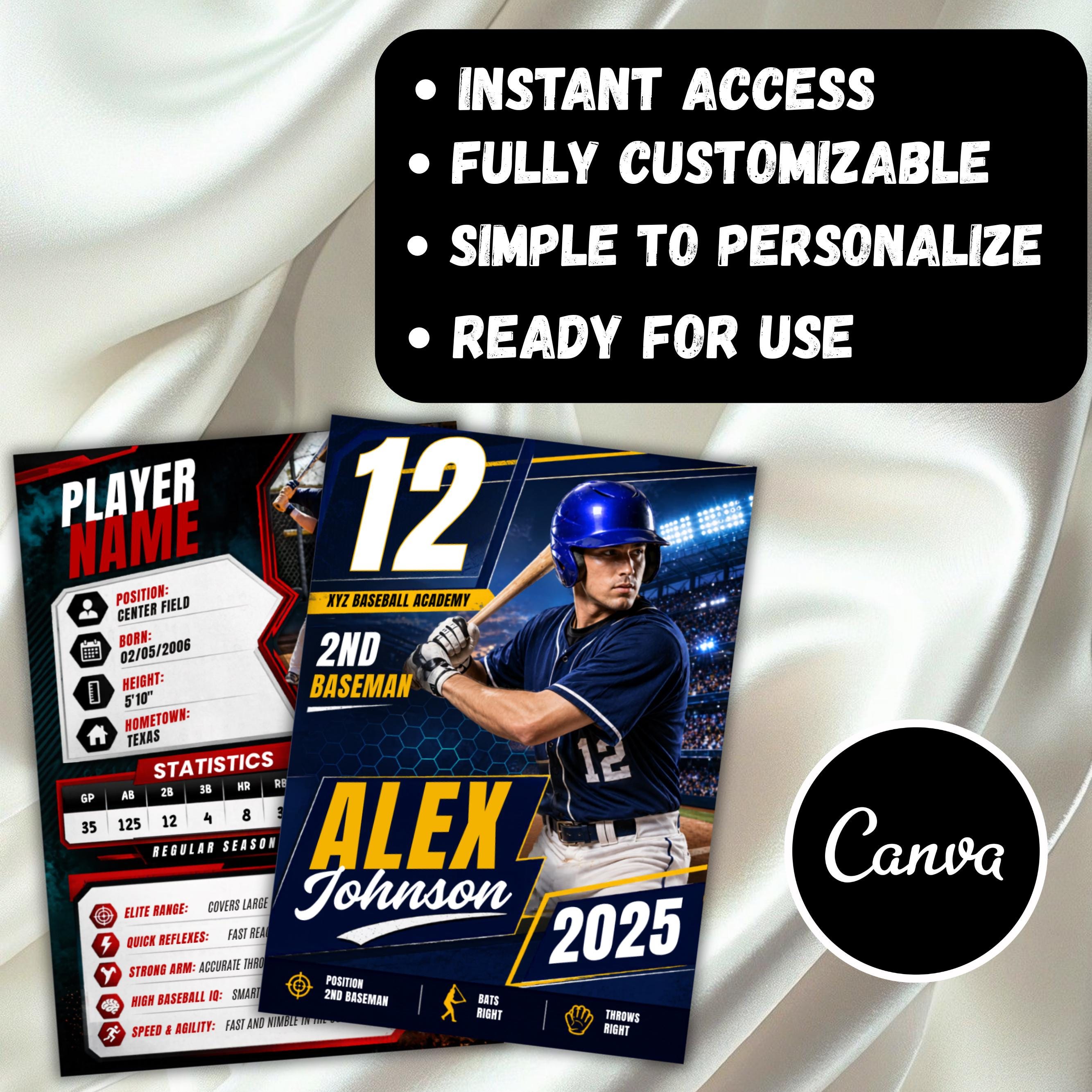 Baseball Trading Card Template Set, 6 Editable Double-sided Player ...