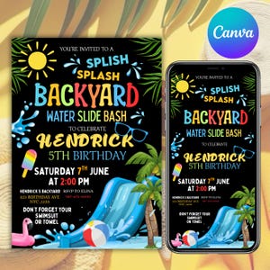 Puede incluir: Invitación negra con el texto "Splish Splash Backyard Water Slide Bash" para celebrar el 5º cumpleaños de Hendrick. Incluye un gráfico de tobogán acuático, gafas de sol y un balón de playa. La invitación también se muestra en un smartphone.