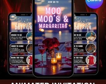 Moo Moo’s & Margaritas Birthday Invitation, Pink Tropical Animated Digital Party Template, Cow Birthday Invite, DIY In Canva