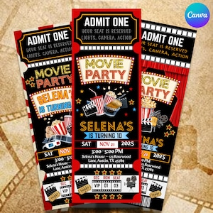 Invito modificabile per biglietto del cinema, invito per festa di compleanno con serata al cinema, invito per compleanno al cinema, qualsiasi età, tema del film, download immediato