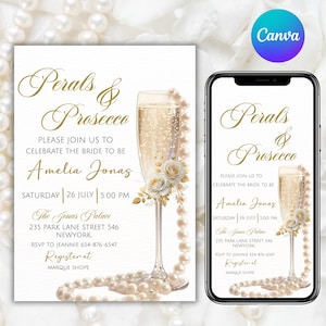 Plantilla de invitación para despedida de soltera con perlas y prosecco, invitación para despedida de soltera con perlas blancas, despedida de soltera con perlas y prosecco, editable en Canva