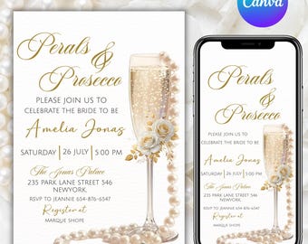 Pearls and Prosecco Bridal Shower Invitation Template, White Pearl Bridal Shower Invite, Pearls & Prosecco Wedding Shower, Canva Editable